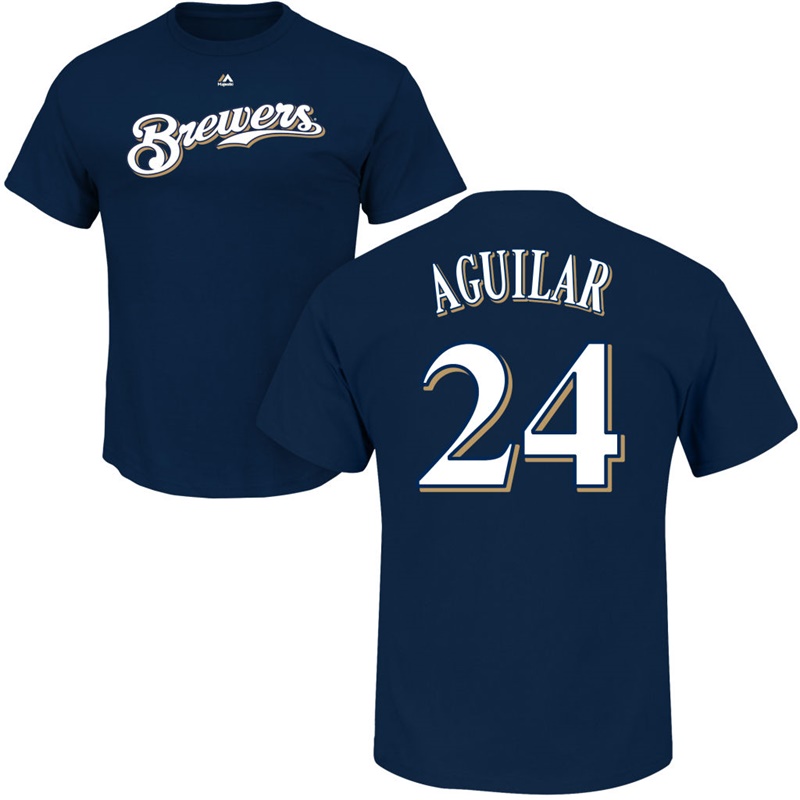 Men Milwaukee Brewers Jesus Aguilar Roster #24 Navy Name & Number T-Shirt