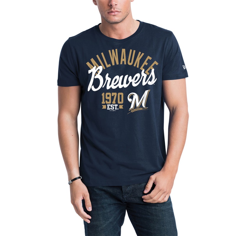 Men Milwaukee Brewers Navy Script Jersey T-Shirt