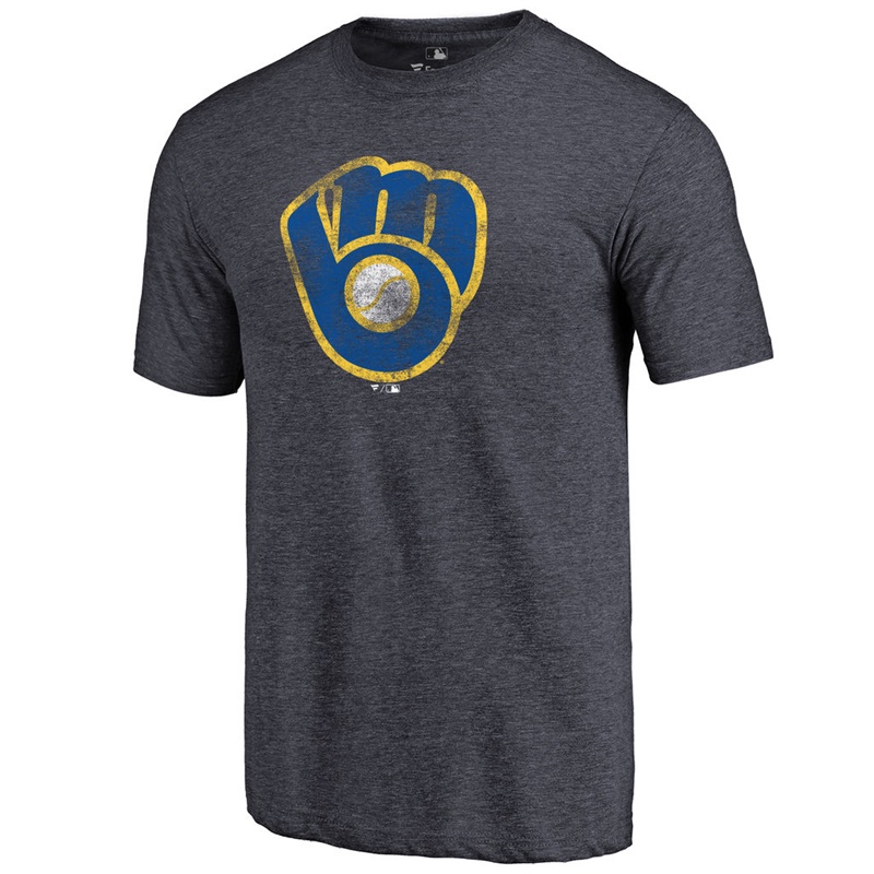 Men Milwaukee Brewers Tri-Blend Distressed Team Navy T-Shirt