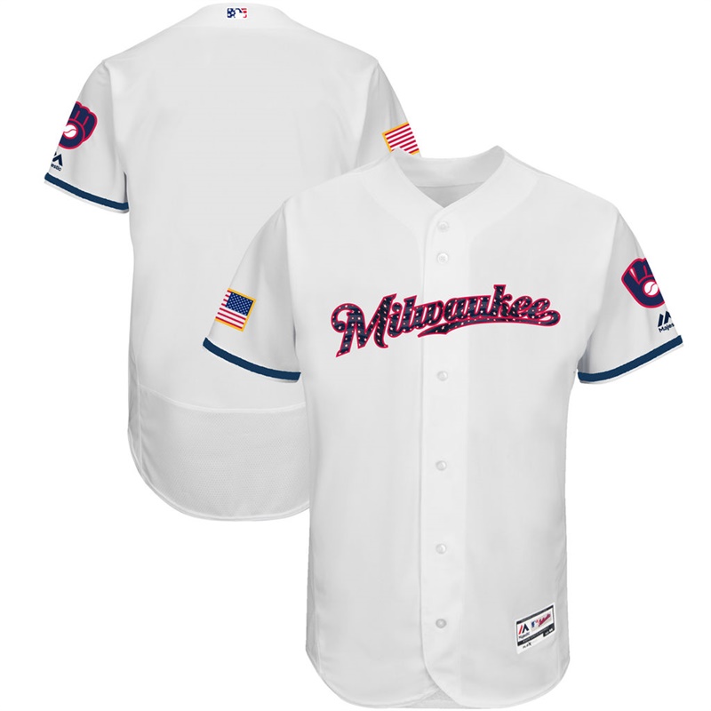 Independence Day Men Milwaukee Brewers White 2017 Stars & Stripes Flex Base Team Jersey