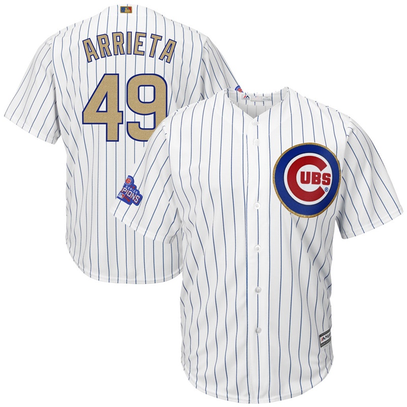 Men Chicago Cubs #49 Jake Arrieta 2017 Gold Program White Cool Base Jersey