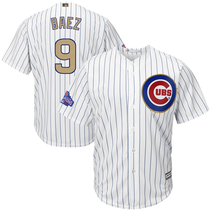 Men Chicago Cubs #9 Javier Baez 2017 Gold Program White Cool Base Jersey