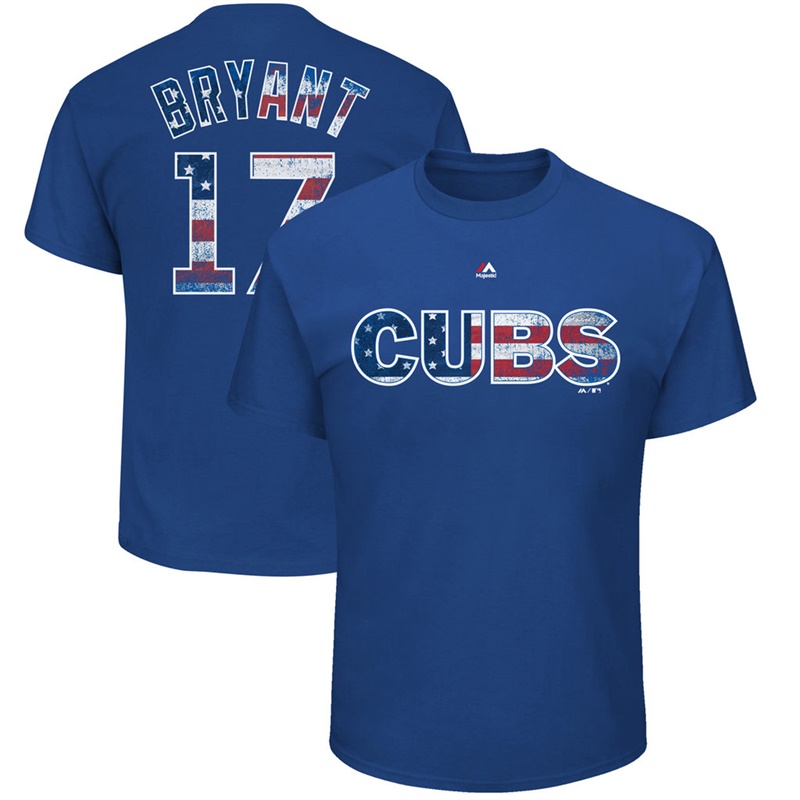 Men Chicago Cubs Kris Bryant #17 Royal 2017 Stars & Stripes Name & Number T-Shirt