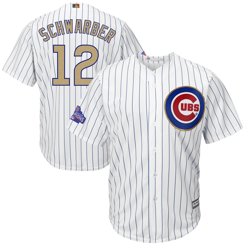 Men Chicago Cubs #12 Kyle Schwarber 2017 Gold Program White Cool Base Jersey