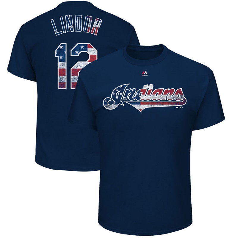 Men Cleveland Indians Francisco Lindor #12 Navy 2017 Stars & Stripes Name & Number T-Shirt