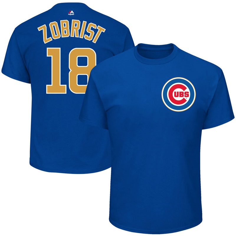 Men Chicago Cubs Ben Zobrist 2017 Gold Program #18 Royal Name & Number T-Shirt