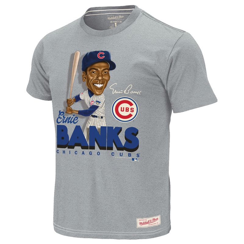 Men Chicago Cubs Ernie Banks Cooperstown Collection Gray Caricature T-Shirt