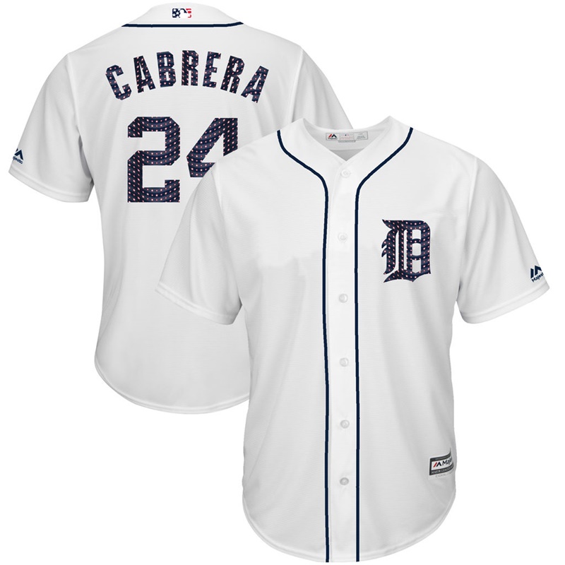 Men Detroit Tigers Independence Day #24 Miguel Cabrera 2017 Stars & Stripes White Cool Base Jersey