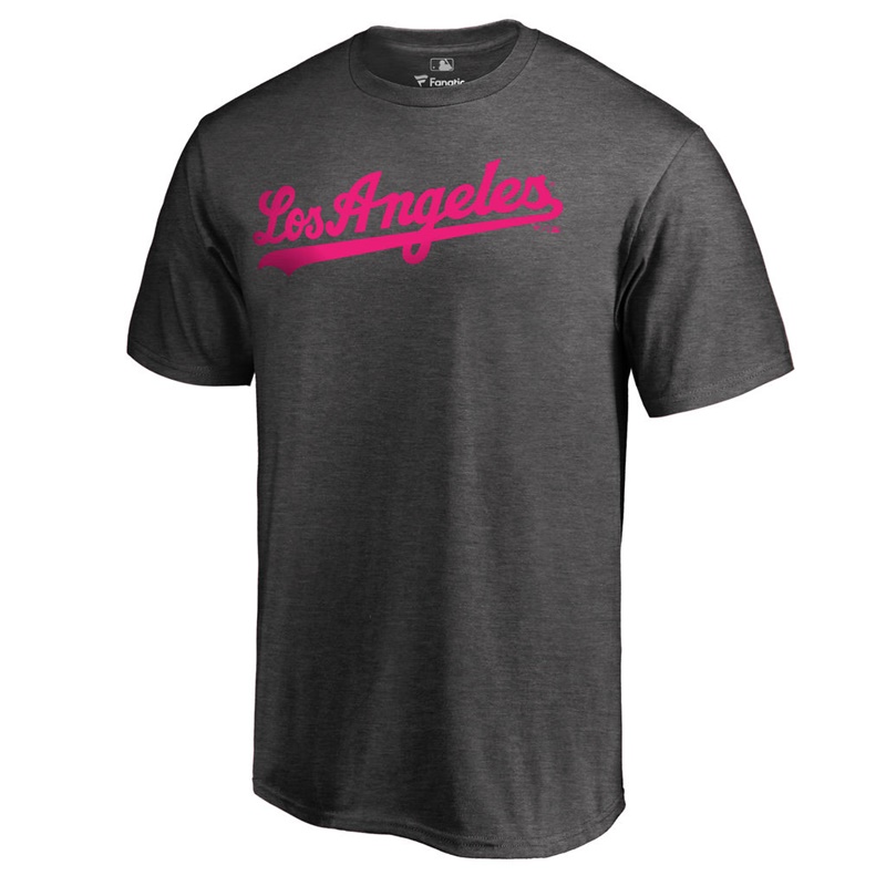 Men 2017 Mother's Day Los Angeles Dodgers Pink Wordmark Heather Gray T-Shirt