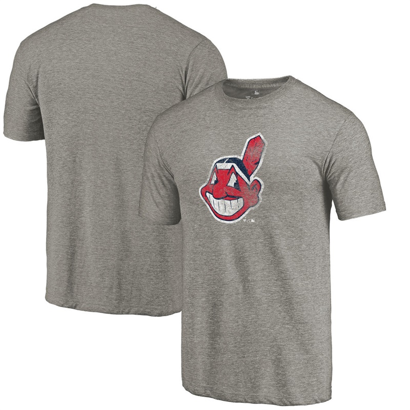 Men Cleveland Indians Tri-Blend Distressed Team Gray T-Shirt