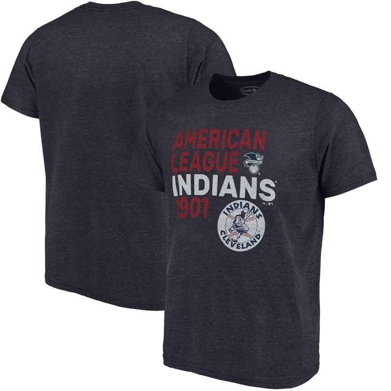 Men Cleveland Indians Navy Throwback Cooperstown Collection Tri-Blend T-Shirt