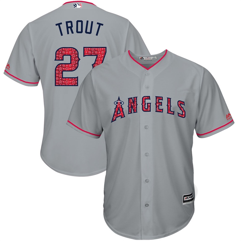 Men Los Angeles Angels Independence Day #27 Mike Trout 2017 Stars & Stripes Gray Cool Base Jersey