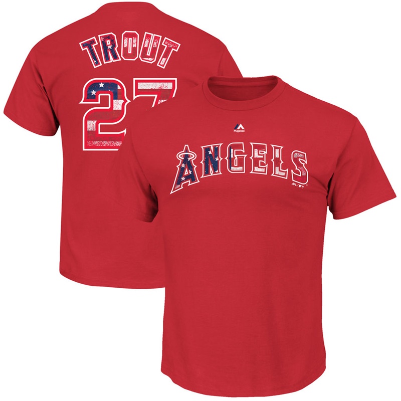 Men Los Angeles Angels Mike Trout #27 Red 2017 Stars & Stripes Name & Number T-Shirt