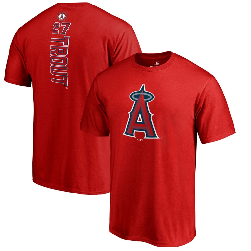 Men Los Angeles Angels Mike Trout #27 Red Backer Name & Number T-Shirt