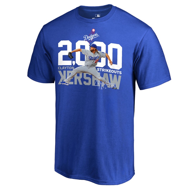 Men Los Angeles Dodgers Clayton Kershaw Royal 2000 Strikeouts T-Shirt