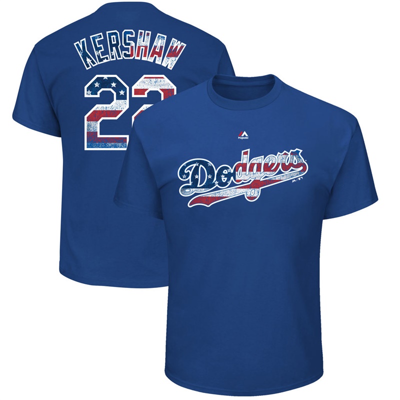 Men Los Angeles Dodgers Clayton Kershaw #22 Royal 2017 Stars & Stripes Name & Number T-Shirt