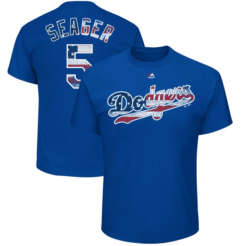 Men Los Angeles Dodgers Corey Seager #5 Royal 2017 Stars & Stripes Name & Number T-Shirt