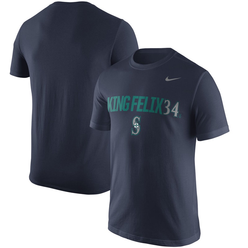 Men Seattle Mariners Felix Hernandez Nickname #34 Navy Name & Number Performance T-Shirt