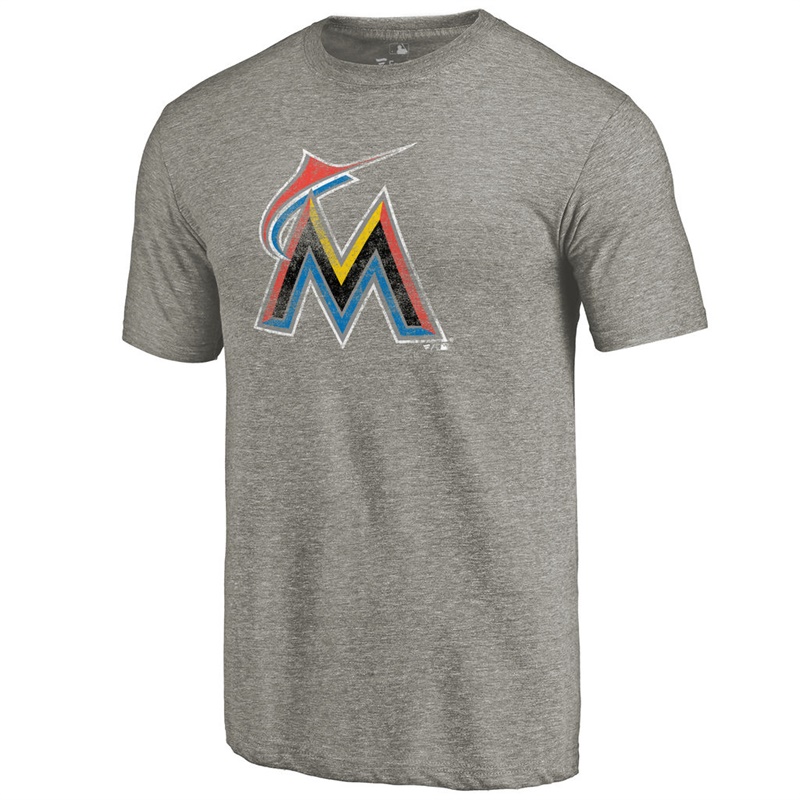 Men Miami Marlins Tri-Blend Distressed Team Ash T-Shirt