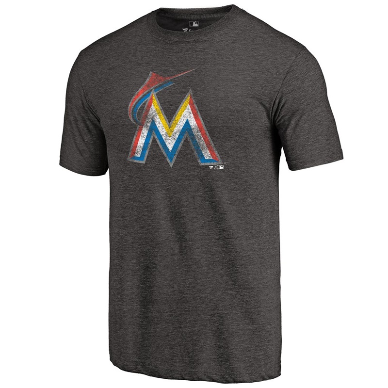 Men Miami Marlins Tri-Blend Distressed Team Black T-Shirt