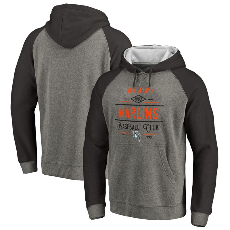 Men Miami Marlins Ash Tri-blend Doubleday Raglan Pullover Hoodie