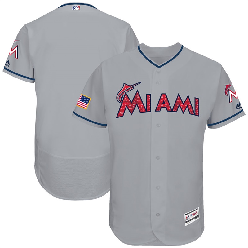 Independence Day Men Miami Marlins Gray 2017 Stars & Stripes Flex Base Team Jersey