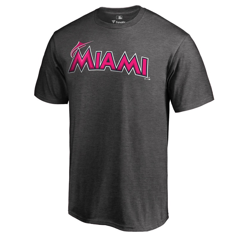 Men 2017 Mother's Day Miami Marlins Pink Wordmark Heather Gray T-Shirt