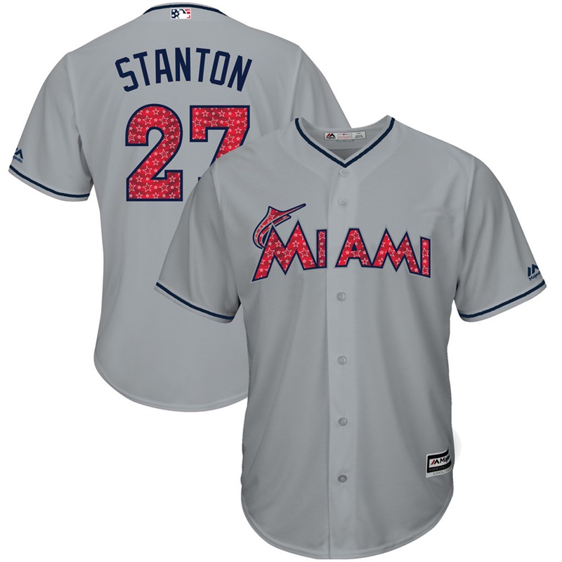 Men Miami Marlins Independence Day #27 Giancarlo Stanton 2017 Stars & Stripes Gray Cool Base Jersey