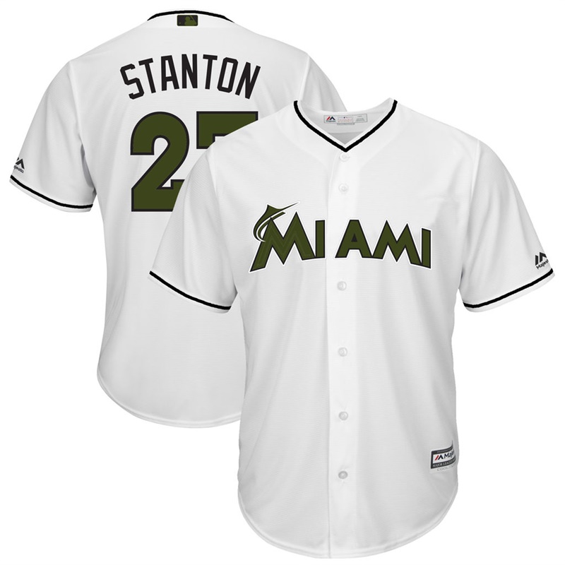 Men 2017 Memorial Day Miami Marlins #27 Giancarlo Stanton White Cool Base Jersey