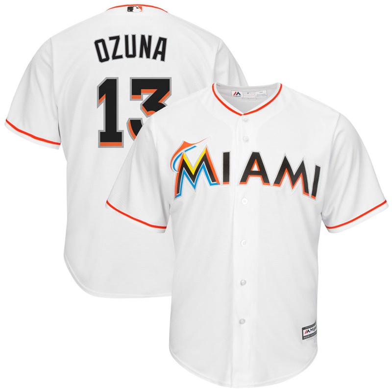 Men Miami Marlins #13 Marcell Ozuna Home White Cool Base Jersey