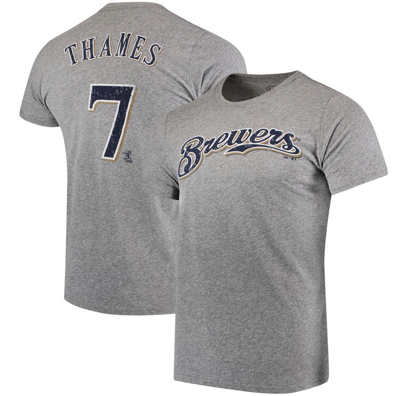 Men Milwaukee Brewers Eric Thames #7 Gray Name & Number Tri-Blend T-Shirt