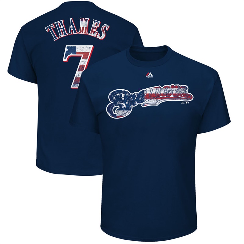 Men Milwaukee Brewers Eric Thames #7 Navy 2017 Stars & Stripes Name & Number T-Shirt