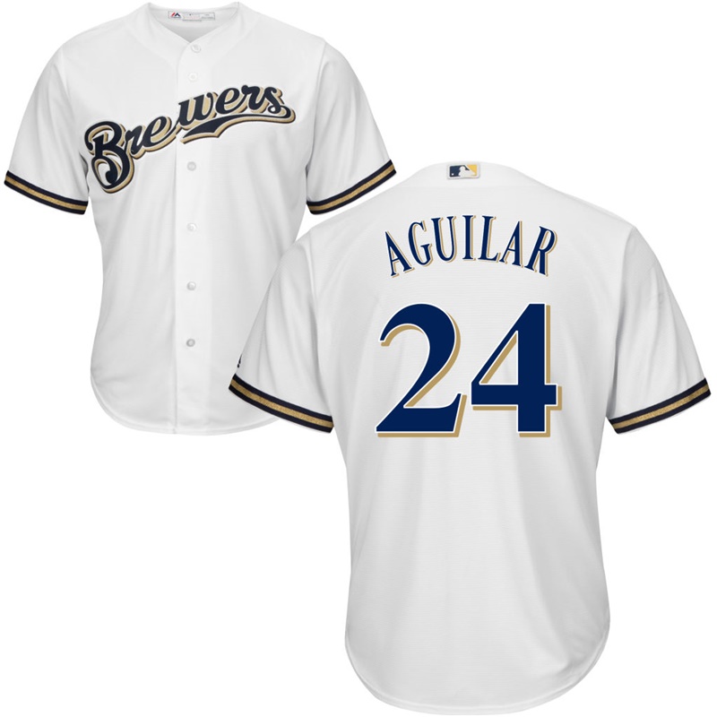 Men Milwaukee Brewers #24 Jesus Aguilar Home White Cool Base Jersey