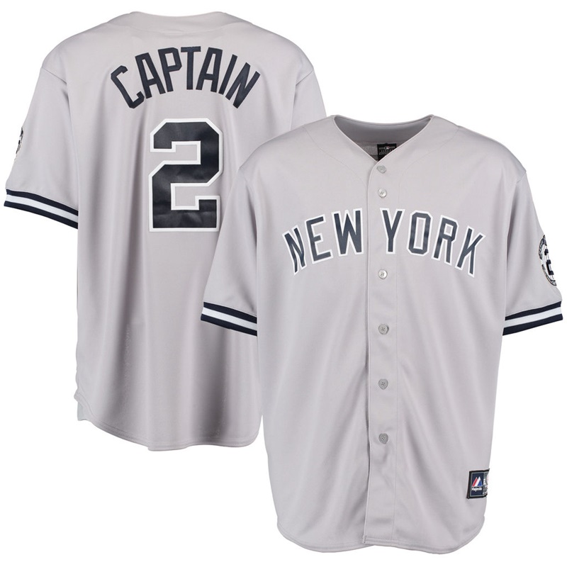 Men New York Yankees #2 Derek Jeter Captain Retirement Patch Road Gray Cool Base Jersey