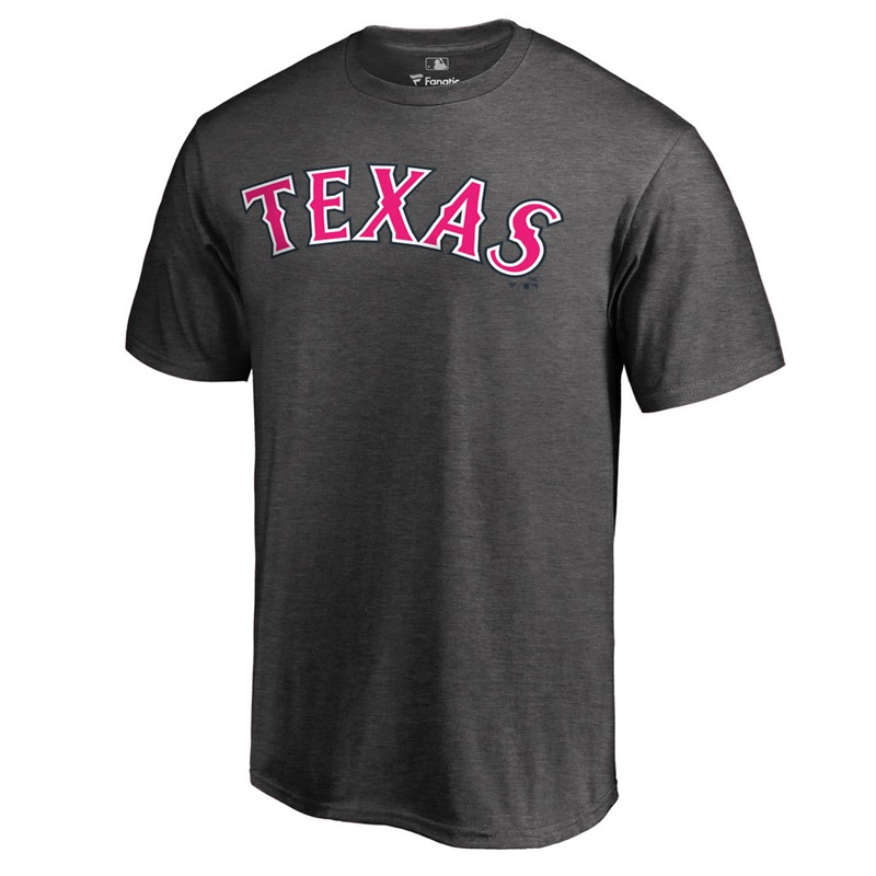 Men 2017 Mother's Day Texas Rangers Pink Wordmark Heather Gray T-Shirt