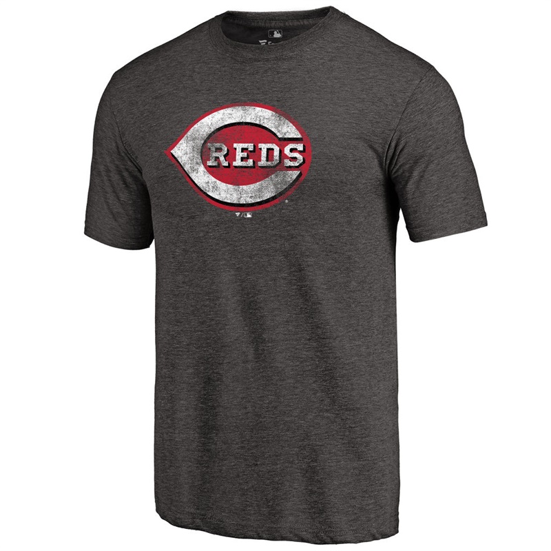 Men Cincinnati Reds Tri-Blend Distressed Team Black T-Shirt