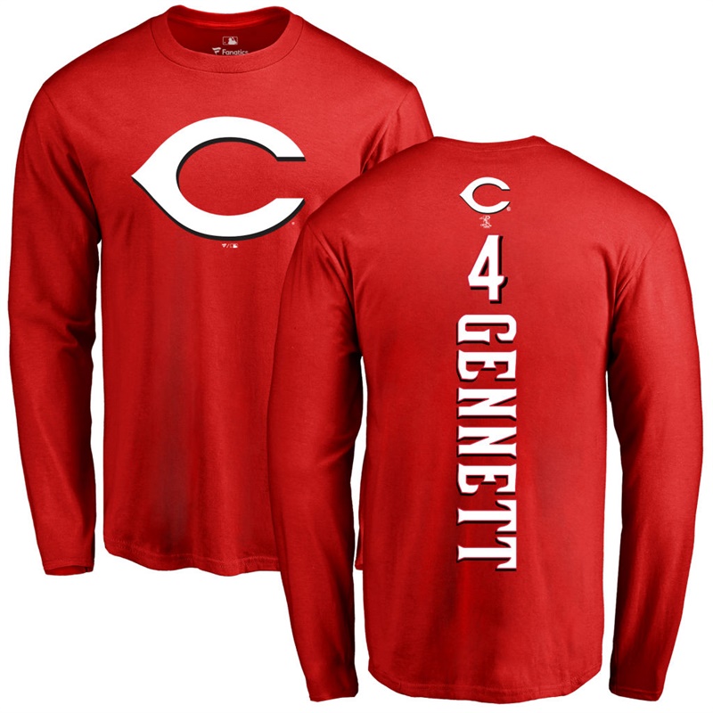 Men Cincinnati Reds Scooter Gennett Long Sleeve Backer #4 Red Name & Number T-Shirt