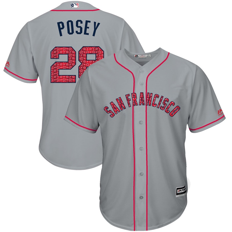 Men San Francisco Giants Independence Day #28 Buster Posey 2017 Stars & Stripes Gray Cool Base Jersey