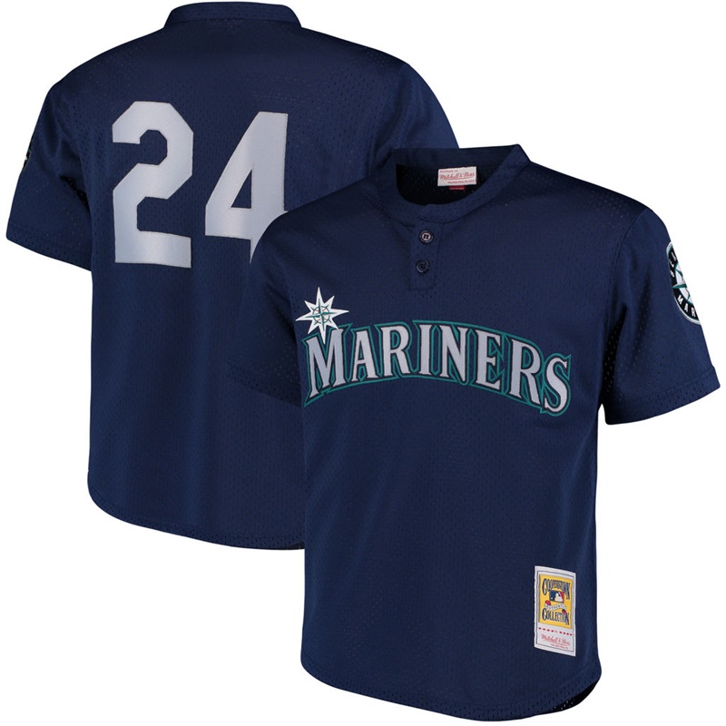 Men Seattle Mariners #24 Ken Griffey Jr. Cooperstown Mesh Batting Practice Navy Cool Base Jersey