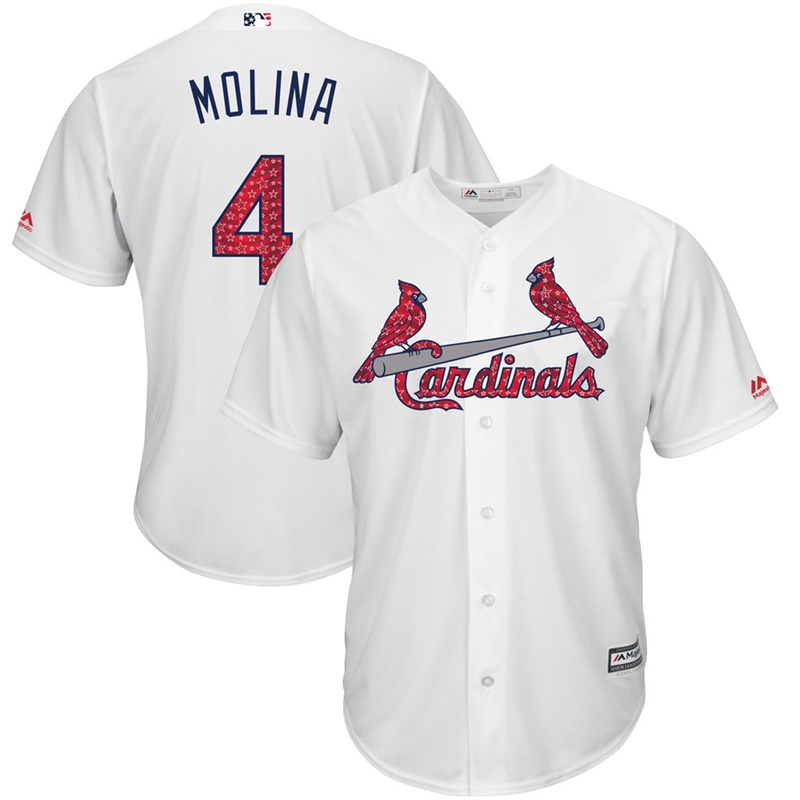 Men St. Louis Cardinals Independence Day #4 Yadier Molina 2017 Stars & Stripes White Cool Base Jersey