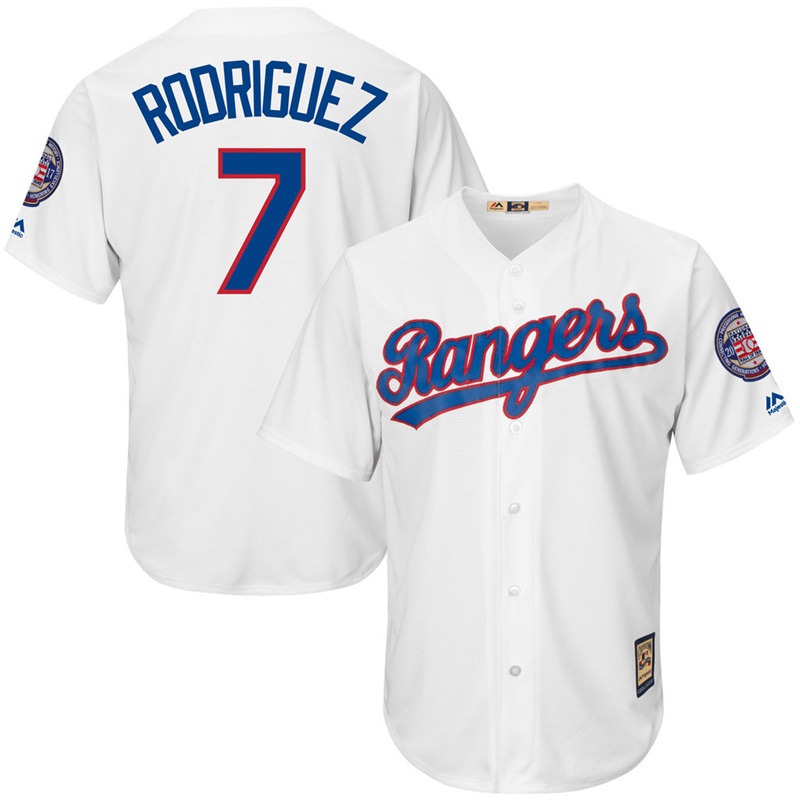 Men Texas Rangers #7 Pudge Rodriguez 2017 Hall of Fame Cooperstown Collection Patch White Cool Base Jersey