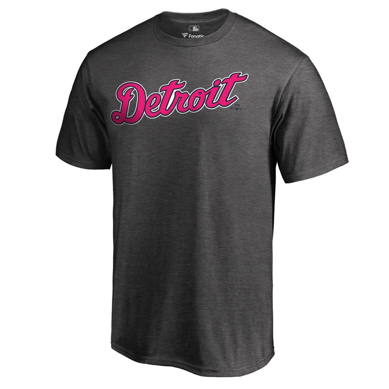 Men 2017 Mother's Day Detroit Tigers Pink Wordmark Heather Gray T-Shirt