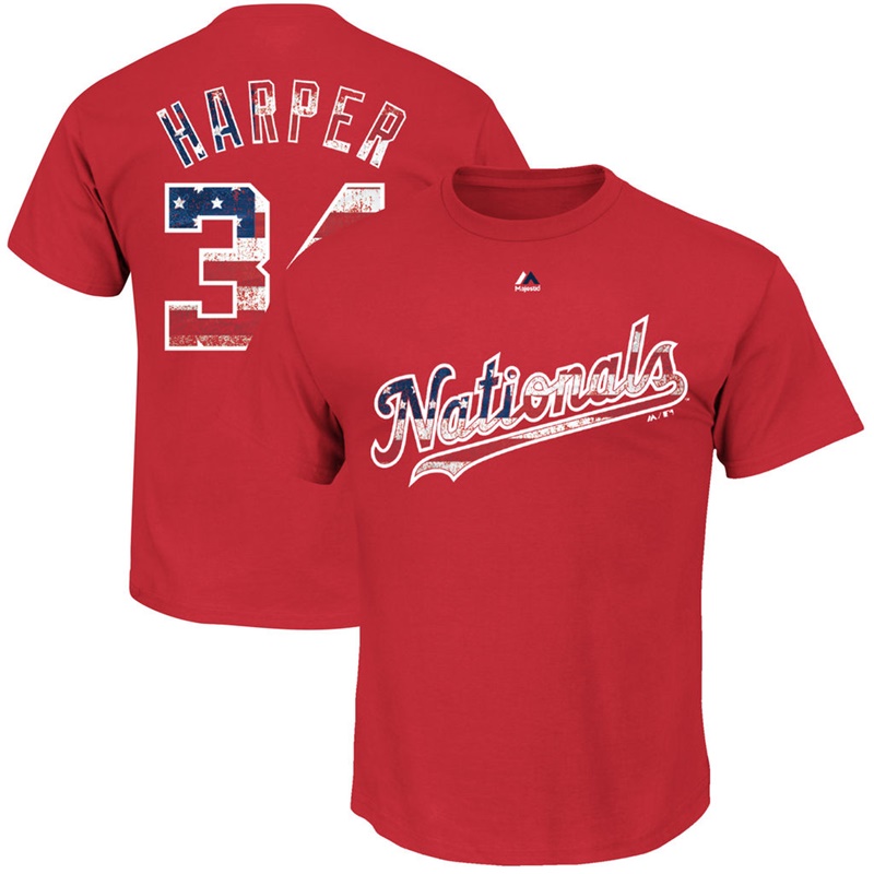 Men Washington Nationals Bryce Harper #34 Red 2017 Stars & Stripes Name & Number T-Shirt