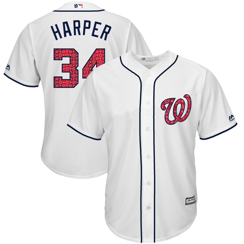 Men Washington Nationals Independence Day #34 Bryce Harper 2017 Stars & Stripes White Cool Base Jersey