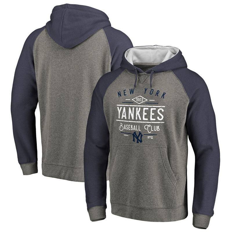 Men New York Yankees Ash Tri-blend Doubleday Raglan Pullover Hoodie