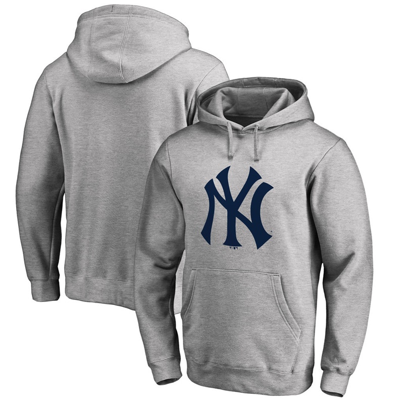 Men New York Yankees Heathered Gray Primary Logo Pullover Hoodie