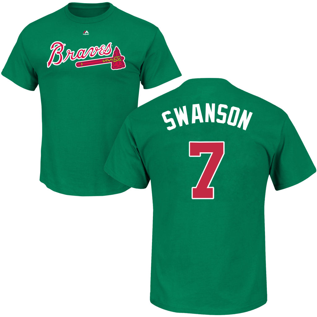 Men's Atlanta Braves Dansby Swanson #7 Green St. Patrick's Day Roster T-Shirt