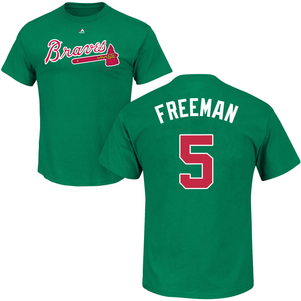 Men's Atlanta Braves Freddie Freeman #5 Green St. Patrick's Day Roster T-Shirt