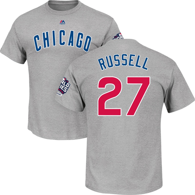 Mens Chicago Cubs Addison Russell #27 Gray 2016 World Series Champions Name & Number T-Shirt