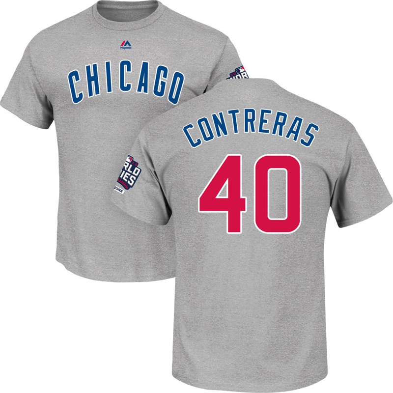 Mens Chicago Cubs Willson Contreras #40 Gray 2016 World Series Champions Name & Number T-Shirt